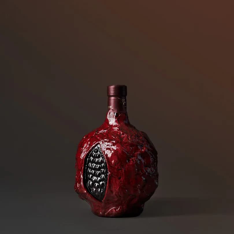 Hand-painted pomegranate wine bottle on a dark surface