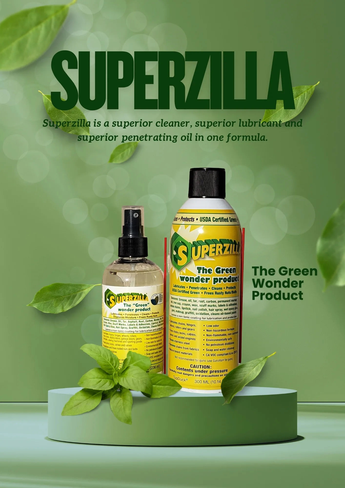 Superzilla pump spray and aerosol on a pedestal with leaves