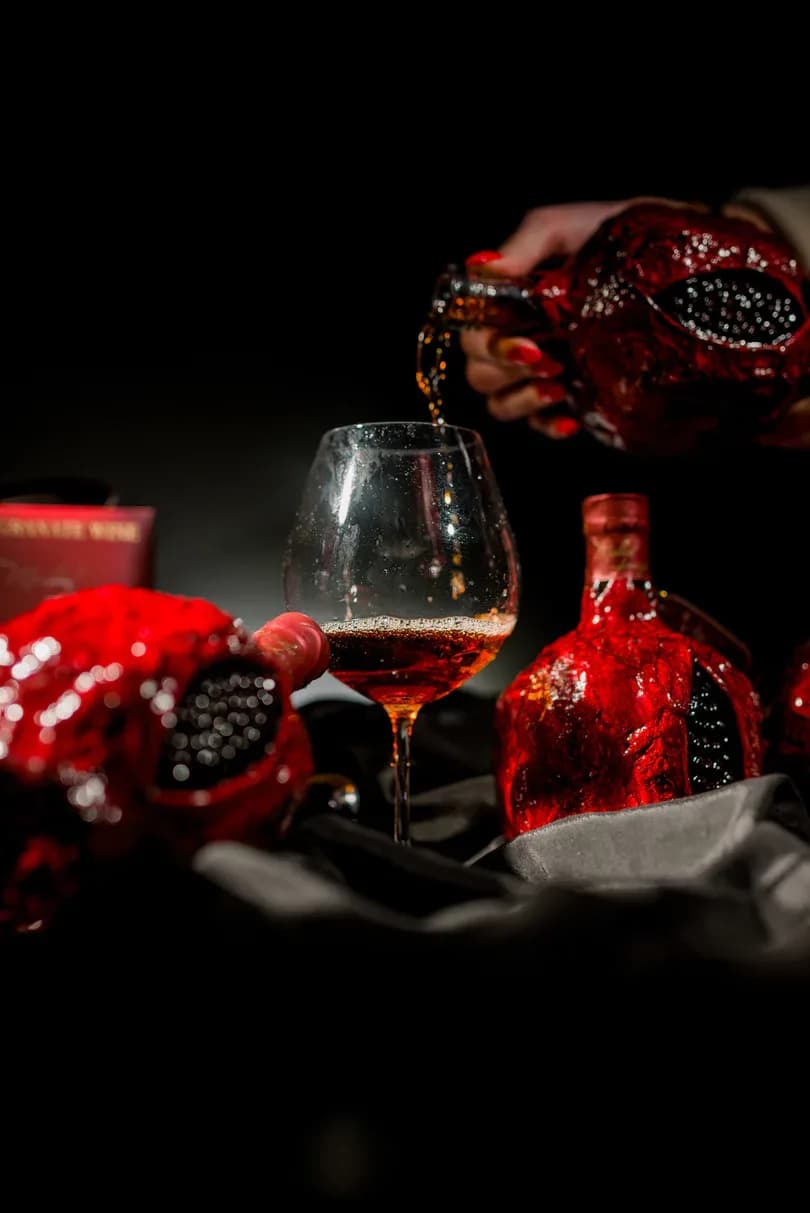 Pomegranate wine poured into a glass beside hand-painted pomegranate bottles
