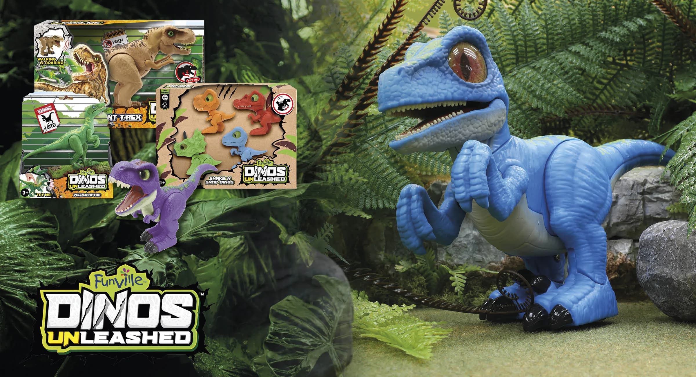 Dinos Unleashed dinosaurs and packaging in a jungle set