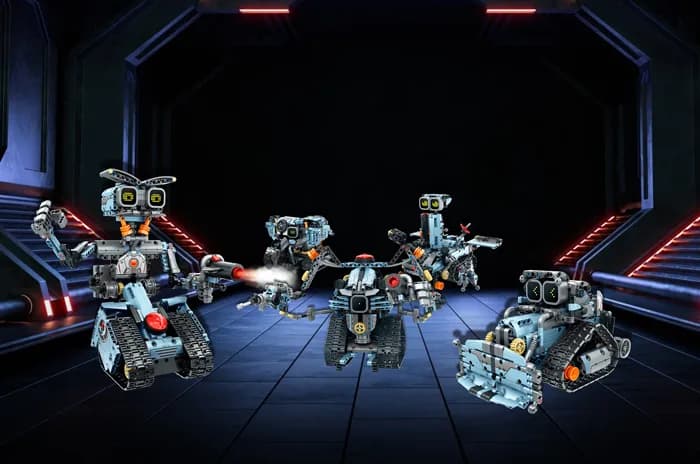 Programmable robot builds lined up in a sci-fi corridor
