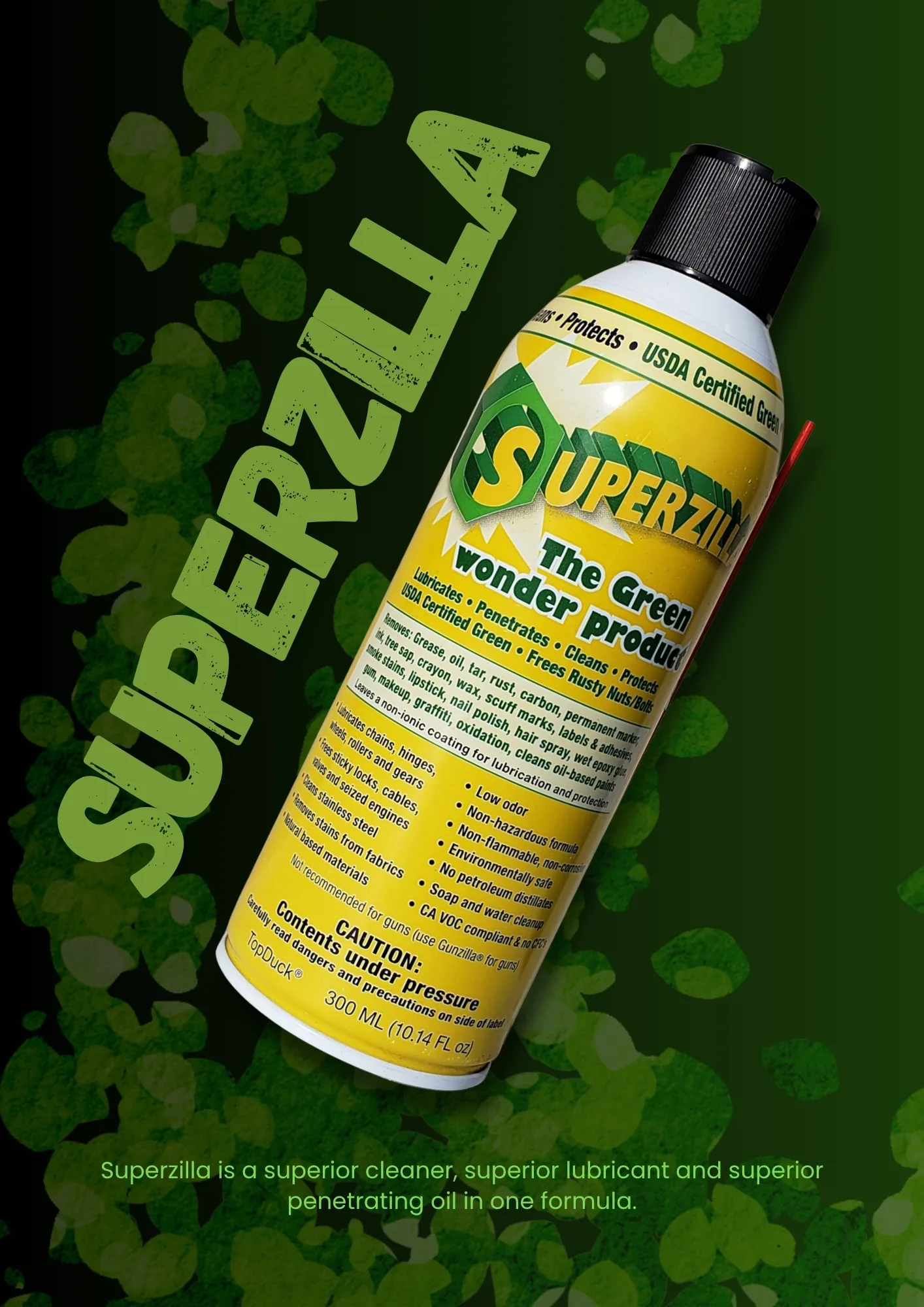 Superzilla aerosol can on a leafy green background